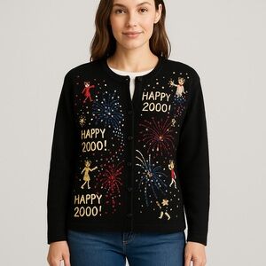 Vintage Tiara International New Year's 2000 Y2k Cotton Blend Sweater Sz M EUC